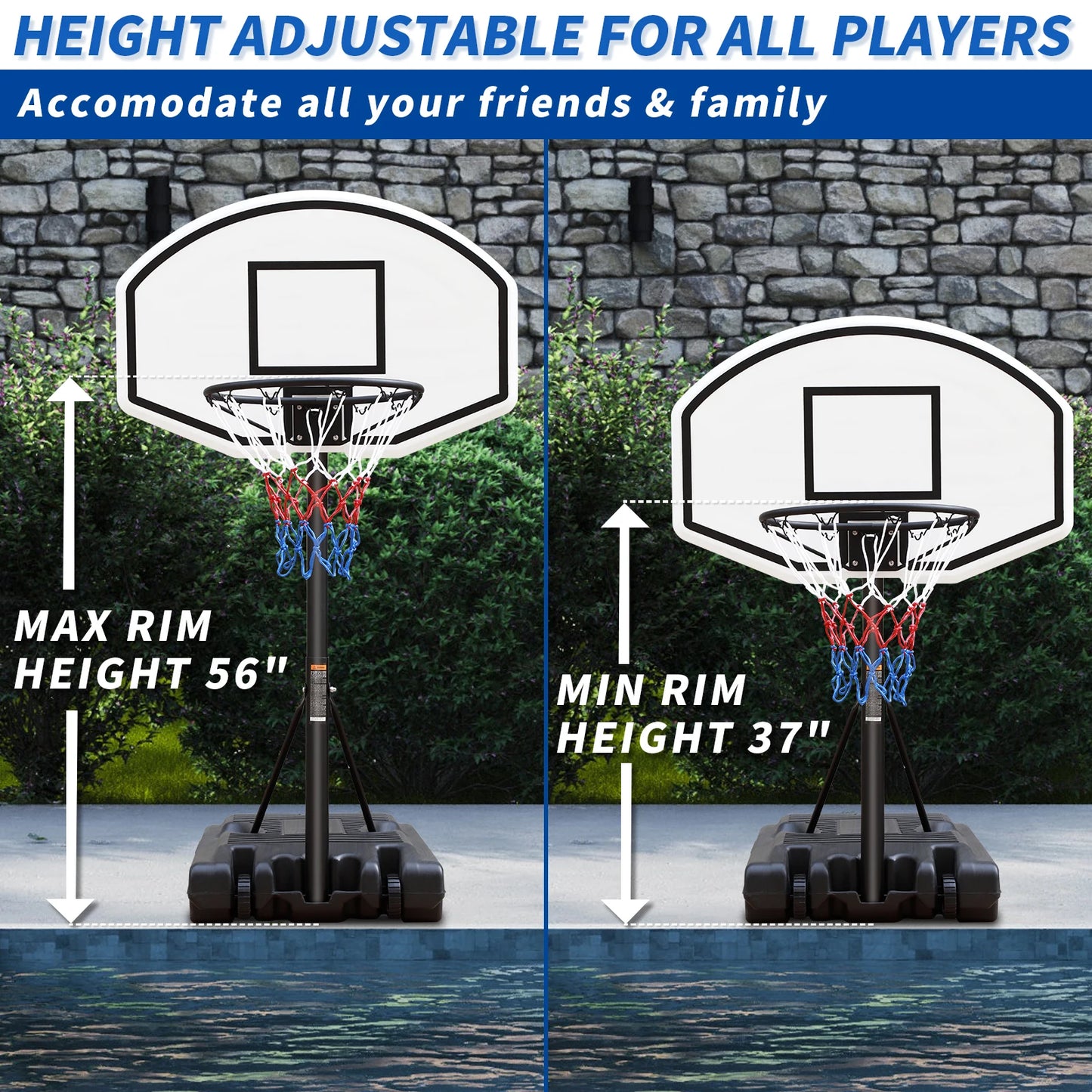Portable Poolside Basketball Hoop 3.1ft to 4.7ft Height Adjustable