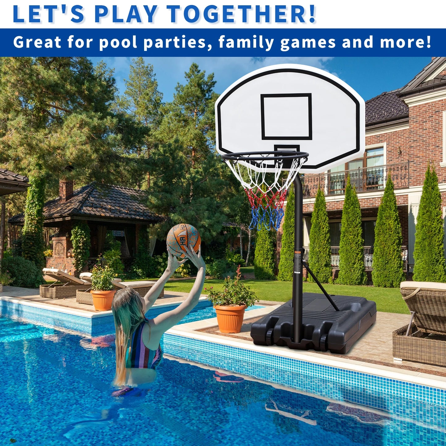 Portable Poolside Basketball Hoop 3.1ft to 4.7ft Height Adjustable
