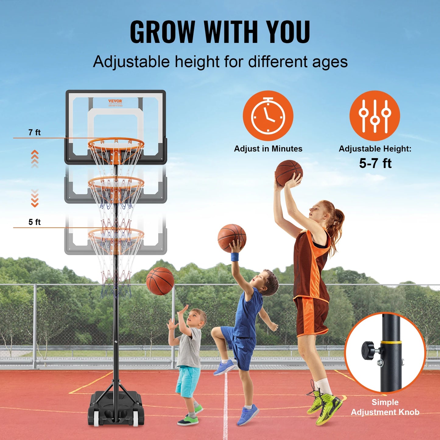 Portable Basketball Hoop 4-10 ft Height with Wheels Fillable Base