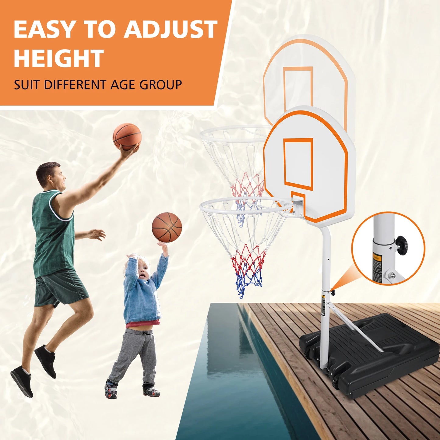 Portable Poolside Basketball Hoop Height Adjustable 3.1ft-4.7ft With 36" Backboard