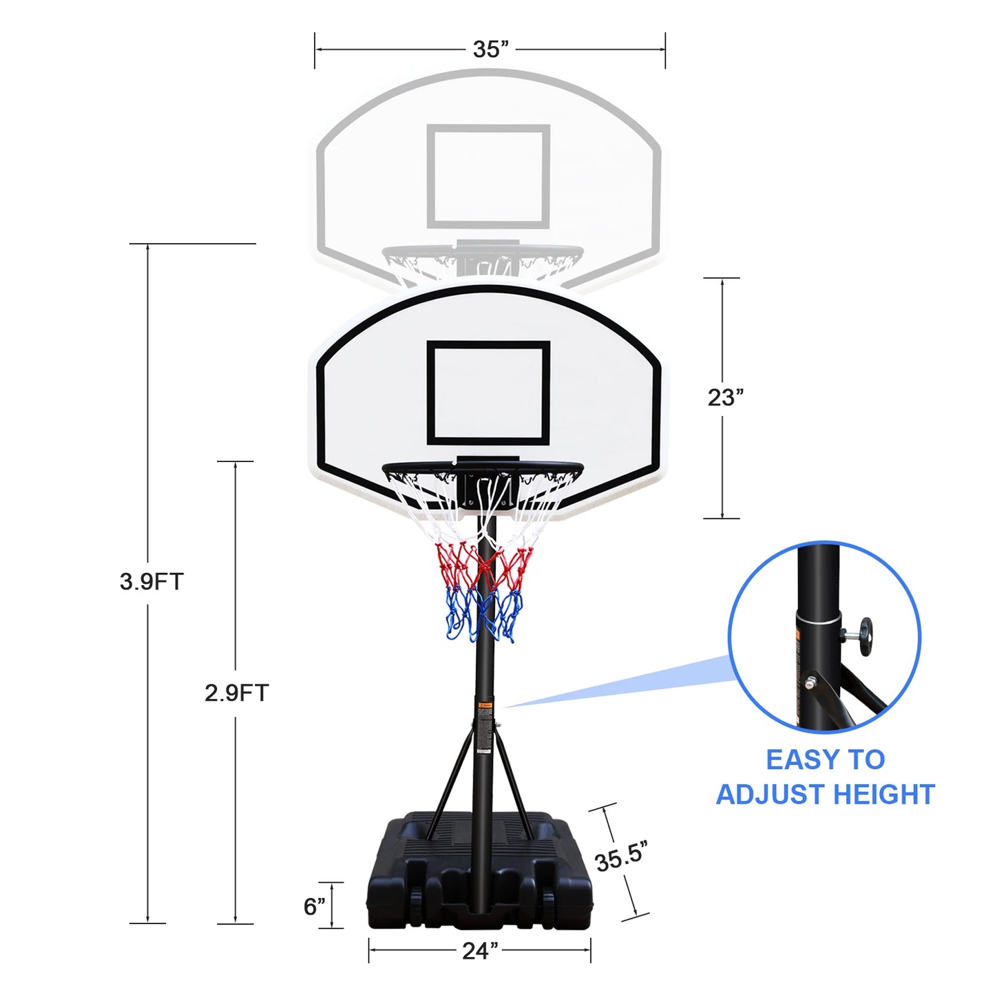 Portable Poolside Basketball Hoop Height Adjustable 3.1ft-4.7ft With 36" Backboard